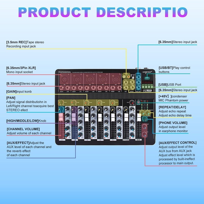 Kaschun T7 7-Channel Audio Mixer with 48V Phantom Power, USB/MP3 Input & Reverb Effects for PC Recording, Parties & Weddings​ - Image 5
